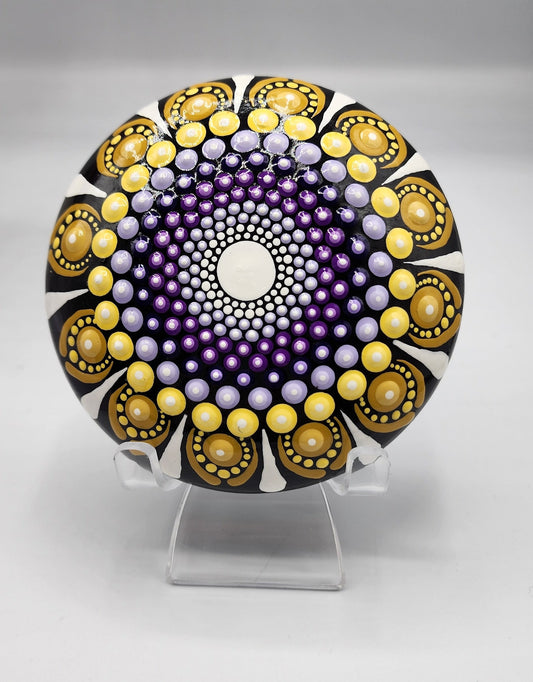 Celina Miller Art - Black, Yellow and Purple Mandala Stone