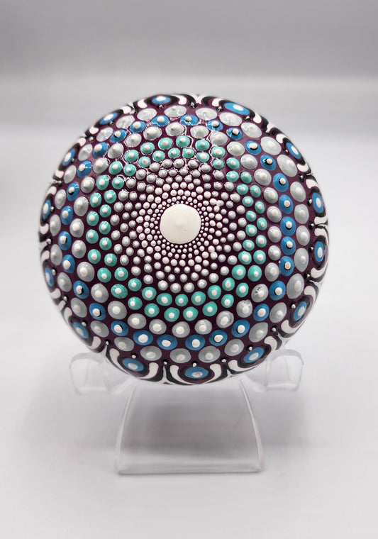 Celina Miller Art - Teal and Grey on Purple Mandala Stone