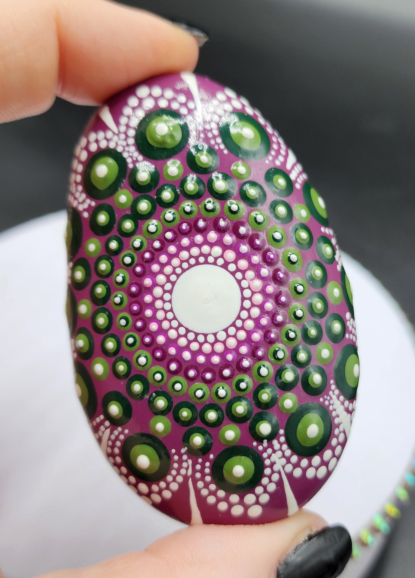 Celina Miller Art - Purple, Green and White Mandala Palmstone