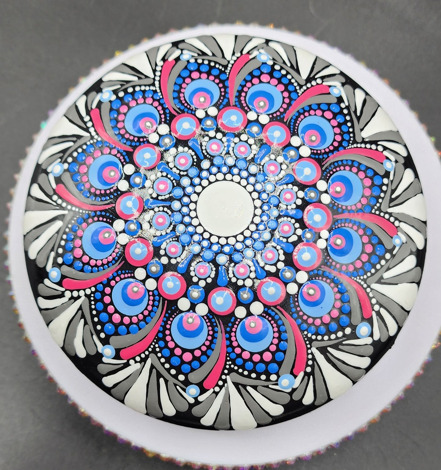 Celina Miller Art - Pink blue and Grey XL Mandala Stone