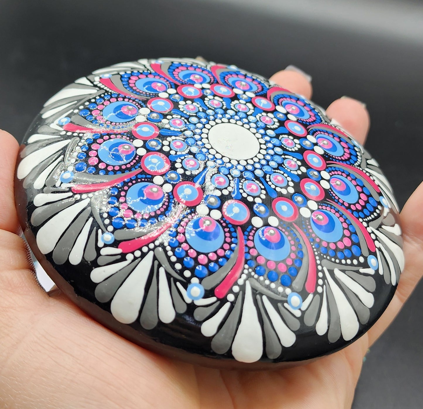 Celina Miller Art - Pink blue and Grey XL Mandala Stone